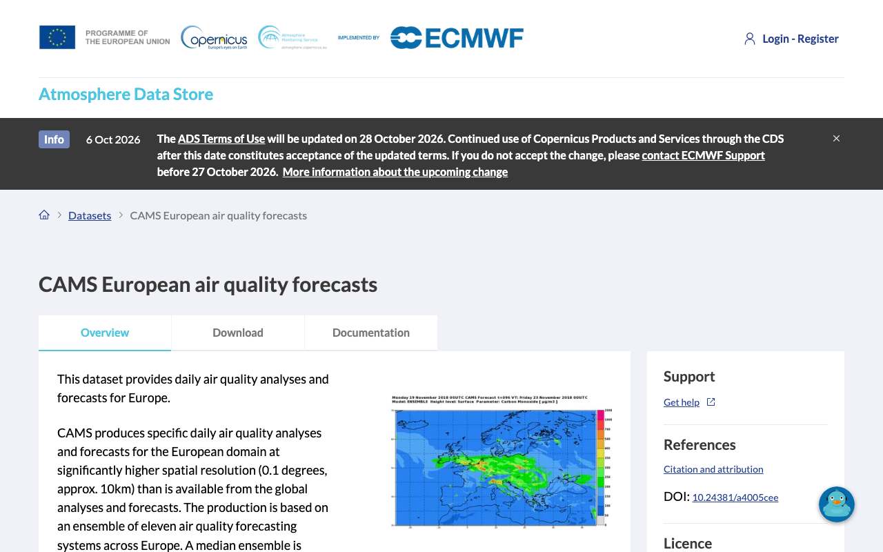 Schermafbeelding van ads.atmosphere.copernicus.eu