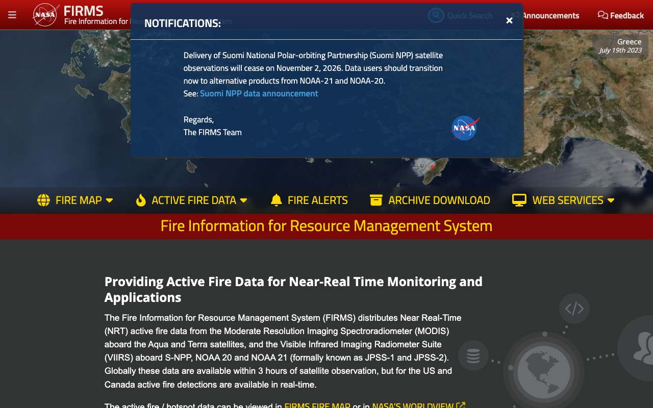 Schermafbeelding van firms.modaps.eosdis.nasa.gov
