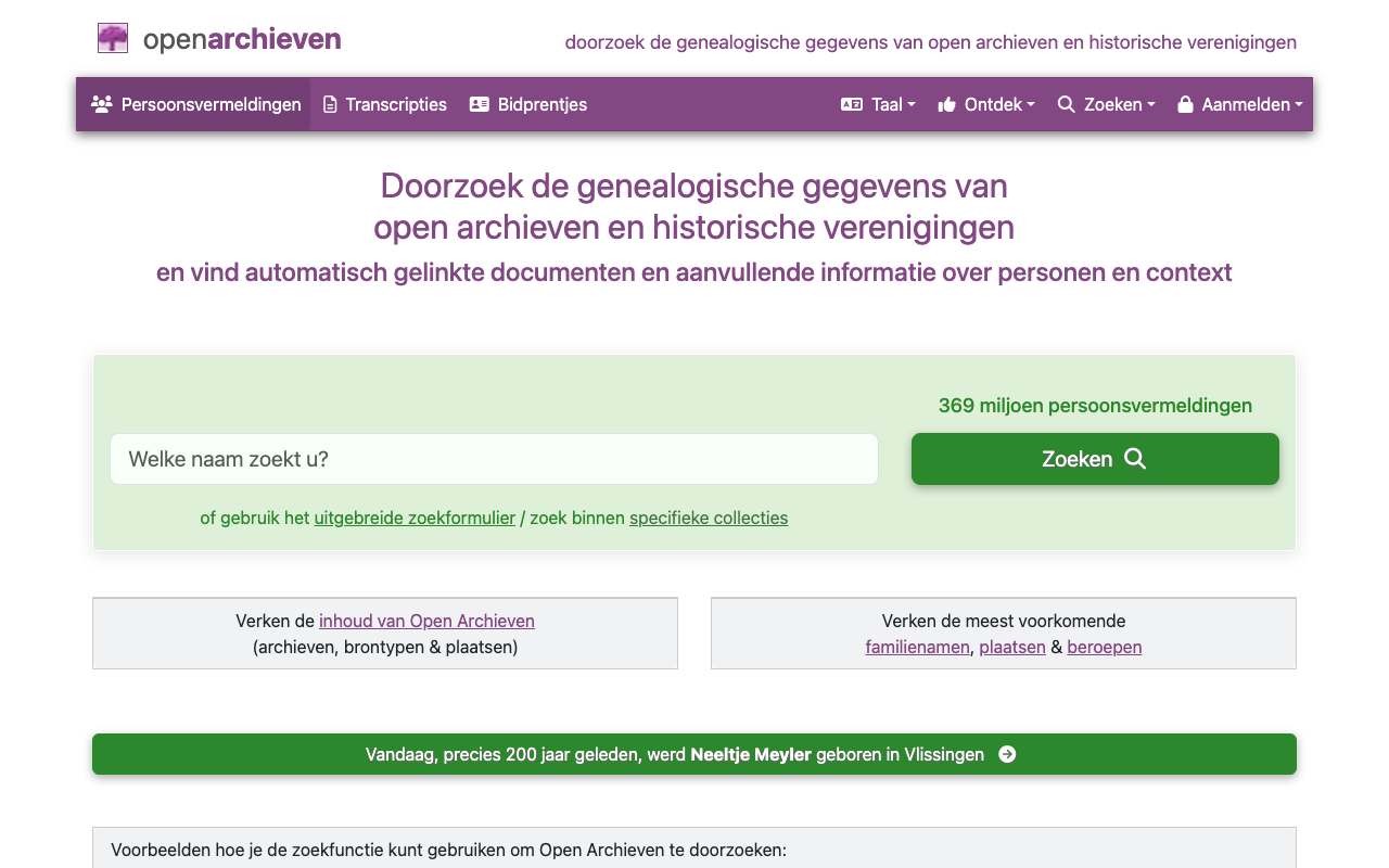 Schermafbeelding van openarchieven.nl